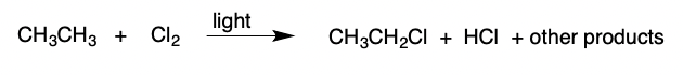 Alkane + Halogen → alkyl halide + H(halogen) + other products (catalyzed by light)