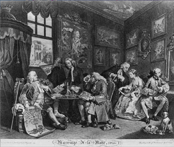 <p>The following picture is an engraving.<br><br>William Hogarth, Marriage à la Mode (The Marriage Contract), Plate 1, 1745</p><p><strong>The scene depicted in the engraving refers to which manifestation of social change in the eighteenth century?<br><br>A. The marriage of older men to younger women<br>B. The liquidation of art collections by a cash-poor aristocracy<br>C. The combining, through marriage, of aristocratic status and bourgeois wealth<br>D. The movement to allow Protestant churchmen to marry</strong></p>