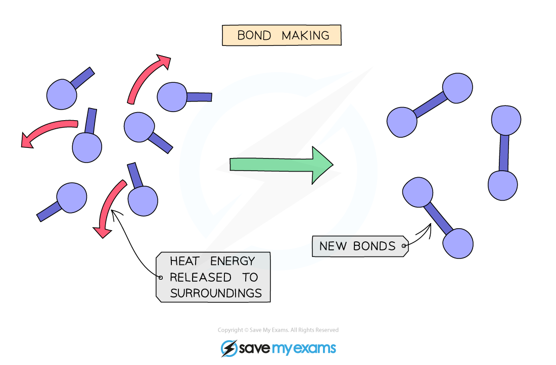 <ul><li><p><strong>Bond making: </strong>exothermic process</p><ul><li><p>Bonds release energy into surroundings to achieve a stable configuration </p></li></ul></li></ul><p></p>