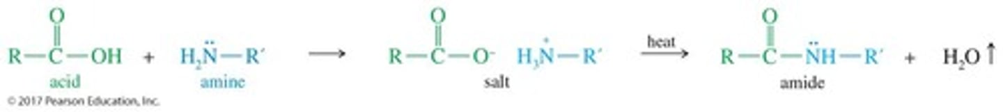 <p>Amides are formed from a carboxylic acid and ammonia or an amine, often at high temperatures.</p>