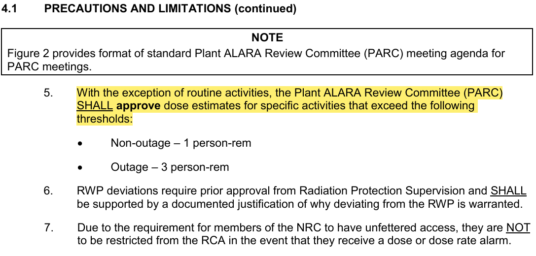 <p>NMP-HP-204 ALARA Planning and Job Review</p><p>PARC (Plant ALARA Review Commitee) Review</p><p>Additional guidance to Track Stay Time of workers</p>