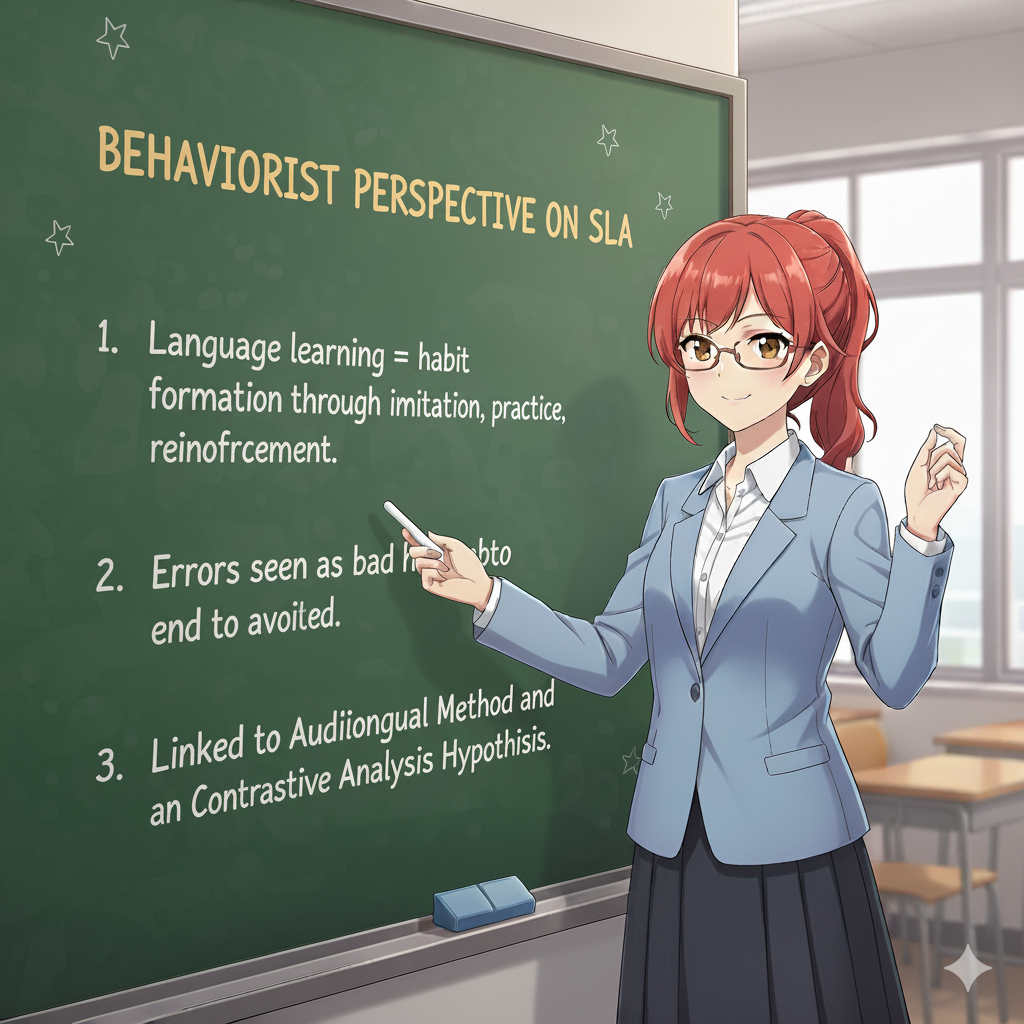 <ul><li><p>Language learning = habit formation through imitation, practice, reinforcement.</p></li><li><p>Errors seen as bad habits to be avoided.</p></li><li><p>Linked to Audiolingual Method and Contrastive Analysis Hypothesis.</p></li></ul><p></p>