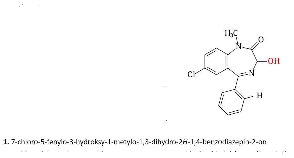 <p class="has-focus">3-hydroksybenzodiazepina (średni czas działania)</p><p>wiąże się z receptorem benzodiazepinowym będącym częścią receptora GABA-A, nasila działanie GABA (głównego neuroprzekaźnika hamującego w OUN) zwiększenie częstości otwierania kanałów chlorkowych (Cl⁻)</p><p class="has-focus is-empty">hiperpolaryzacja neuronu</p><p class="has-focus is-empty">zmniejszenie pobudliwości neuronów</p><p class="has-focus is-empty">o działaniu głównie nasennym<strong>, </strong>przeciwlękowe, uspokajające,</p>