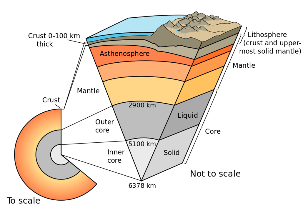 <p>crust-3 to 50km thick</p><p>mantel- 2,900km thick</p><p>outer core-2,200km thick</p><p>inner core-1,300km thick</p>
