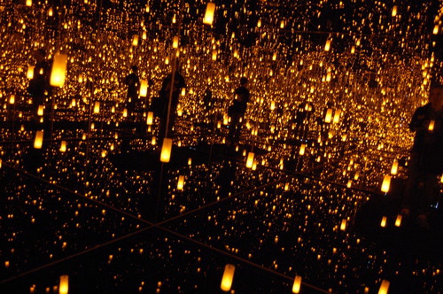 <p>an immersive installation creating an illusion of boundless space using mirrors, LED lights, and water. It induces a, "self-obliteration" effect, allowing viewers to feel as though they are floating in a cosmos.</p><p>Themes of Self-Obliteration: The work focuses on the, "dissolution of the self" into a, "larger, interconnected universe", reflecting Kusama's, "personal battles with mental health" and, "profound, and, long-standing," fascination with infinity.</p>