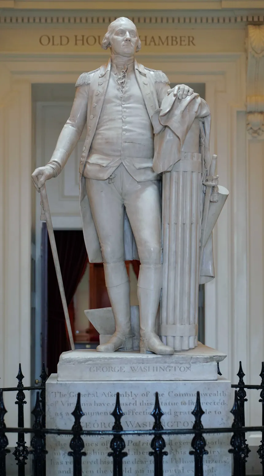 <ul><li><p><strong>ID Info:</strong> Jean-Antoine Houdon, 1788-1792, marble sculpture, USA.</p></li><li><p><strong>Content:</strong> A life-size statue of George Washington standing with a plow and a fasces (bundle of rods symbolizing unity).</p></li><li><p><strong>Function:</strong> Represents Washington as both a leader and a citizen-soldier.</p></li><li><p><strong>Context:</strong> Commissioned for the Virginia State Capitol to commemorate Washington's leadership.</p></li><li><p><strong>Form:</strong> Classical influences, realistic proportions, idealized yet naturalistic details.</p></li></ul><p></p>