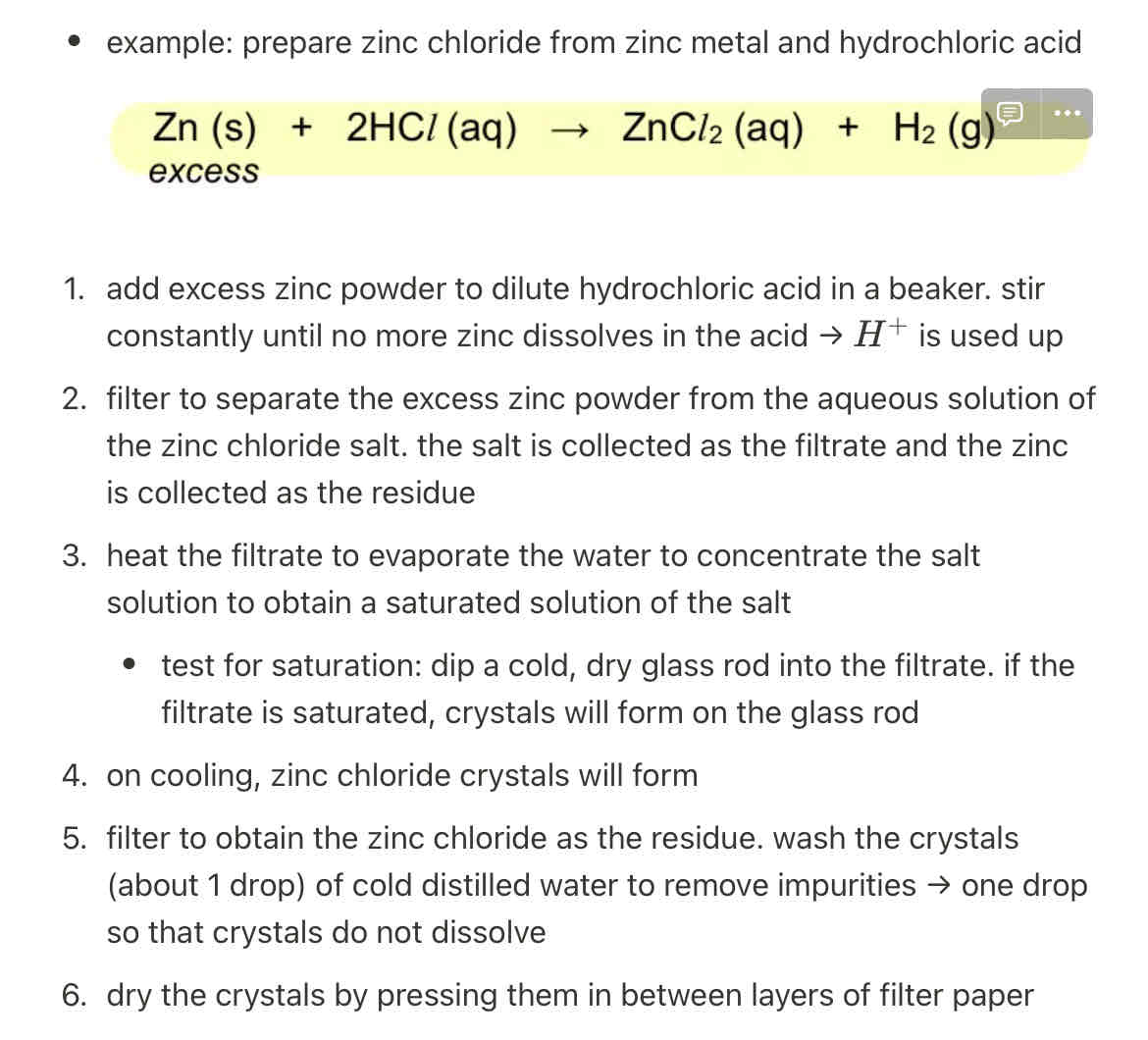<ul><li><p>to produce a salt that is soluble in water, excess metal is used such that the acid is completely used up → limiting reagent</p></li><li><p>hydrogen gas will escape to the surroundings → only the soluble salt and the excess metal will remain in the reaction container at the end of the reaction</p><ul><li><p>the soluble salt and excess metal can be easily separated through filtration</p></li></ul></li><li><p>this method is not suitable for:</p><ul><li><p>very reactive metals such as sodium and potassium → react violently with acids</p></li><li><p>metals below hydrogen in the reactivity series such as copper, silver and gold → do not react with dilute acids</p></li></ul></li></ul>