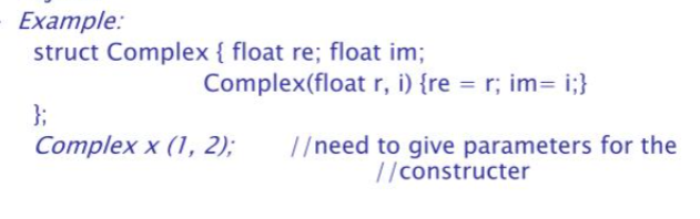 <p><strong>Language Examples: C++</strong></p><p>—</p><ul><li><p>Name is the same as the class name</p></li><li><p>Implicitly called when an instance is created</p></li></ul><p>the objects)</p><p></p>