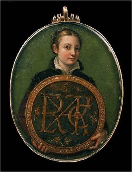 <p>self portrait with name and hometown on medallion</p>