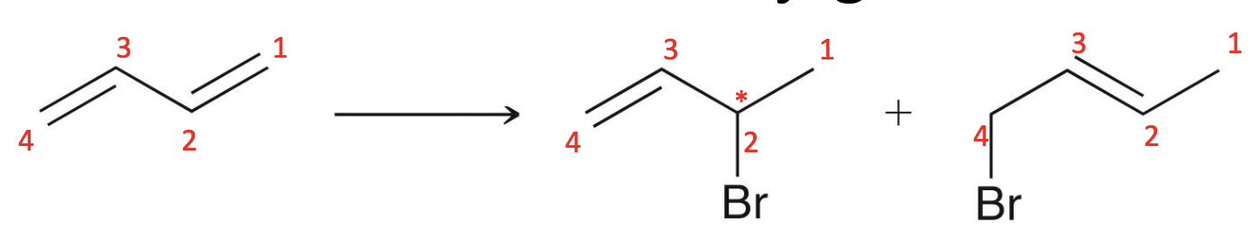 <p>Fill in the reagents.</p><p>Explain which product is 1,2, and which is 1,4.</p><p>Also, say which product occurs at a hig temp, and which one occurs at a low temp. </p>