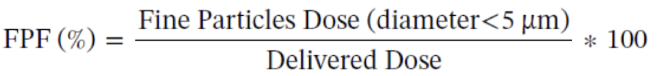 <p><span>Percentage of particles that have d<sub>aer</sub> < 5um (optimal particle size for lung deposition) over delivered dose (DD) that represents the total mass of drug administered</span></p>