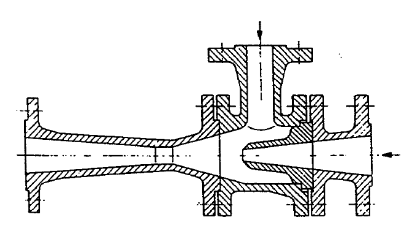 <p>nozzle combined with diffuser. Benefit of no moving parts.</p><p>A utility fluid is pushed through the nozzle, dropping its pressure and increasing its velocity. The drop in pressure sucks a process fluid into the ejector, where the fluids mix. They exit through a diffuser which decreases the velocity and increases the pressure of the mixture.</p>