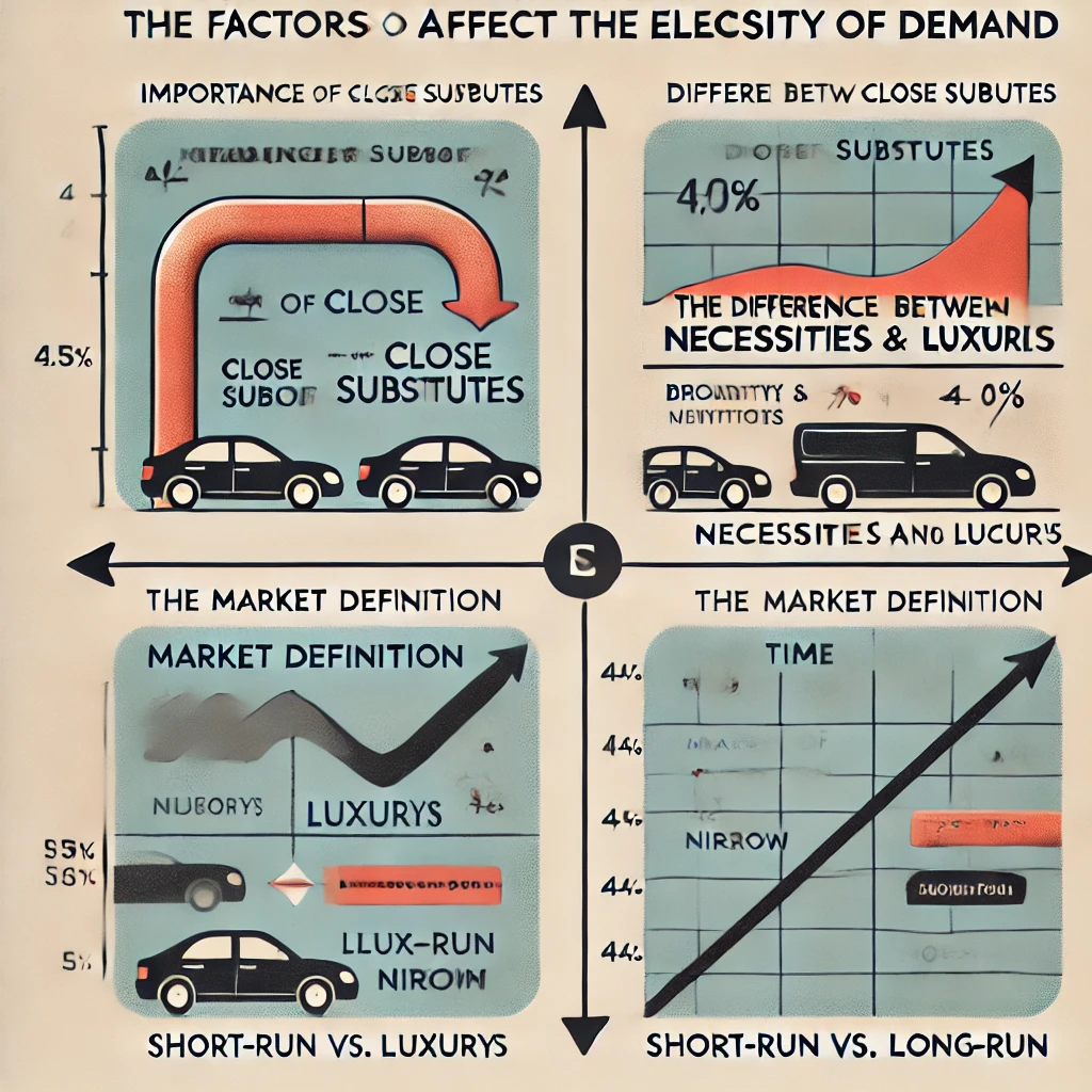 <ul><li><p><span style="color: yellow">Explain the importance of close substitutes to elasticity of demand</span></p></li><li><p><span style="color: yellow">Explain the difference between necessities and luxuries and their</span></p><p><span style="color: yellow">impact on elasticity.</span></p></li><li><p><span style="color: yellow">How does defining a market broadly or narrowly affect the degree of</span></p><p><span style="color: yellow">elasticity?</span></p></li><li><p><span style="color: yellow">What impact does the time horizon have on elasticity? Is the short-run</span></p><p><span style="color: yellow">more or less elastic than the long-run?</span></p></li></ul><p></p>