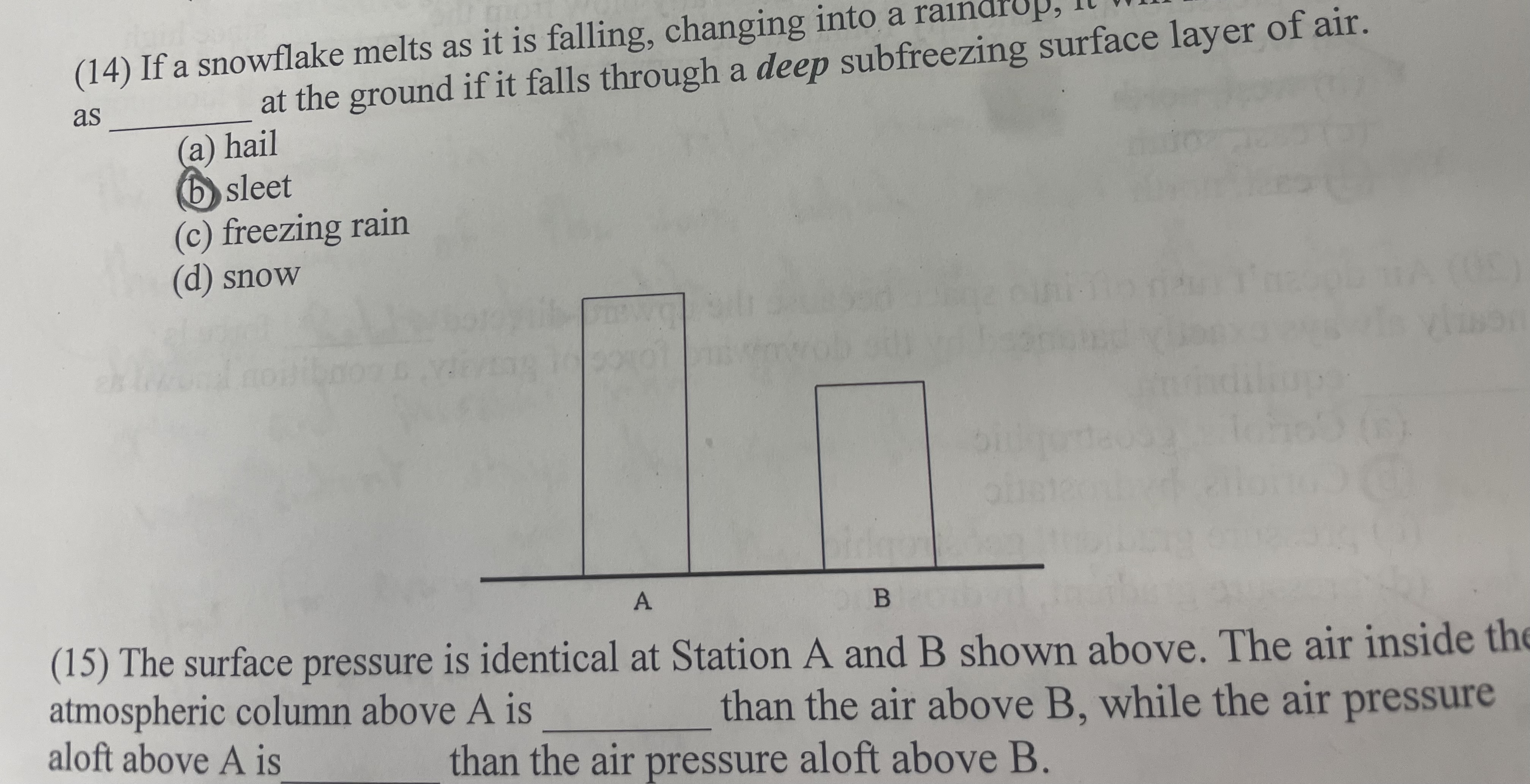 <p>The surface pressure is identical at Station A and Station B shown above. The air inside the atmospheric column above A is ______ than the air above B, while the air pressure aloft above A is _______ than the air pressure aloft above B</p>
