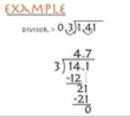 <ol><li><p>divisor can not have a decimal</p></li><li><p>move the divisor decimal so it is a whole number</p></li><li><p>move the same amount of places in dividend</p></li><li><p>place a decimal straight up where you write your answer, rewrite problem</p></li><li><p>divide like normal </p></li></ol><p></p>