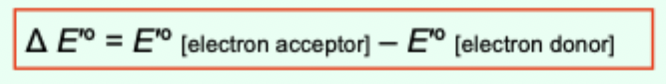 <p>ΔE′° = E′°(electron acceptor) − E′°(electron donor)</p>