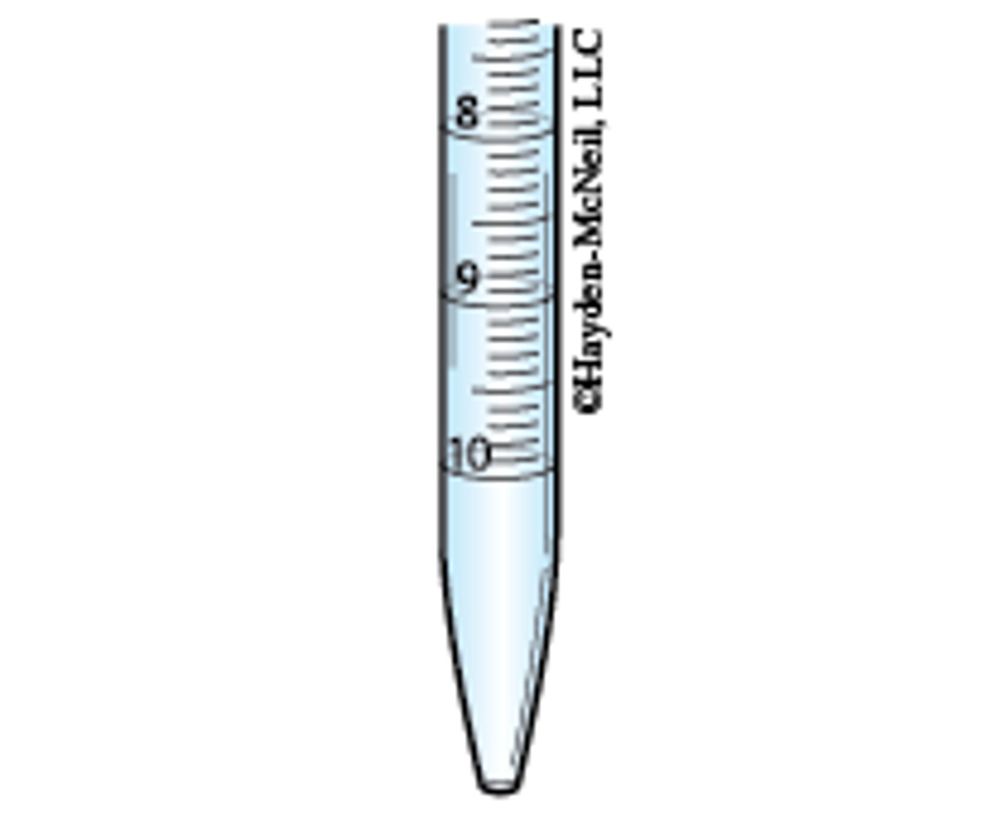 <p>A pipette with a plain, narrow tube drawn out to a tip and graduated uniformly along its length. Calibration marks are confined to the stem.</p>