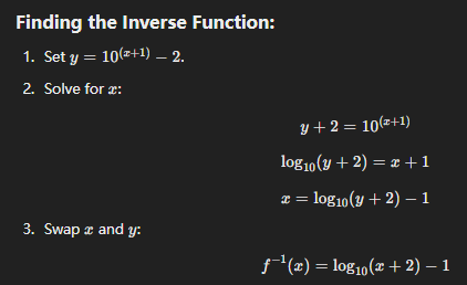 <p>f(x)<br>Domain: (-inf, +inf)<br>Range: (-2, +inf)<br>Horizontal Asymptote: y = -2<br>f-1(x)<br>Domain:(-2, +inf)<br>Range: (-inf, +inf)<br>Vertical Asymptote: x = -2 <br>X intercept: (8,0)<br>Y intercept: (0, -0.6989)<br></p><p></p>