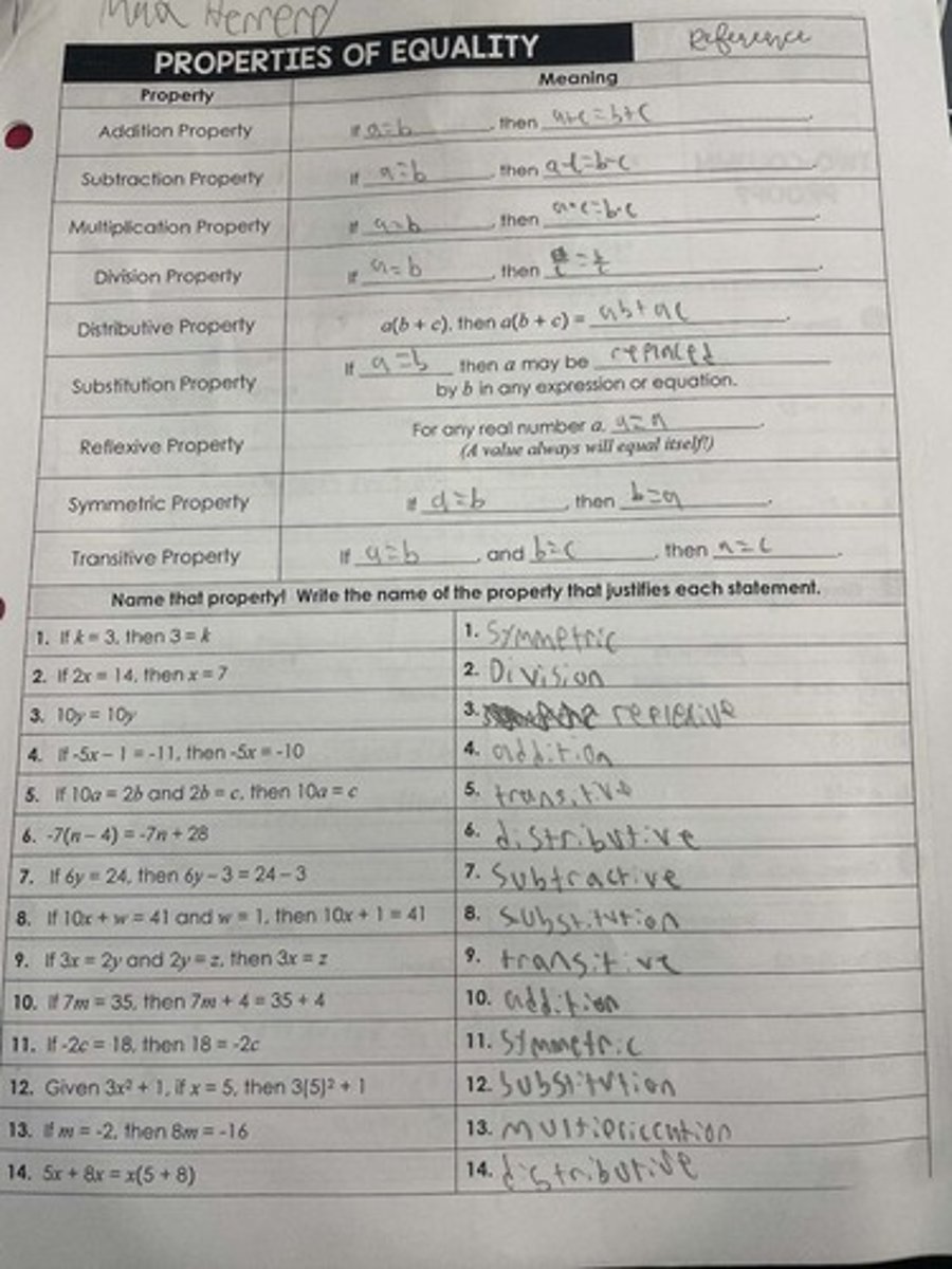 <p>If a = b, then a + c = b + c.</p>