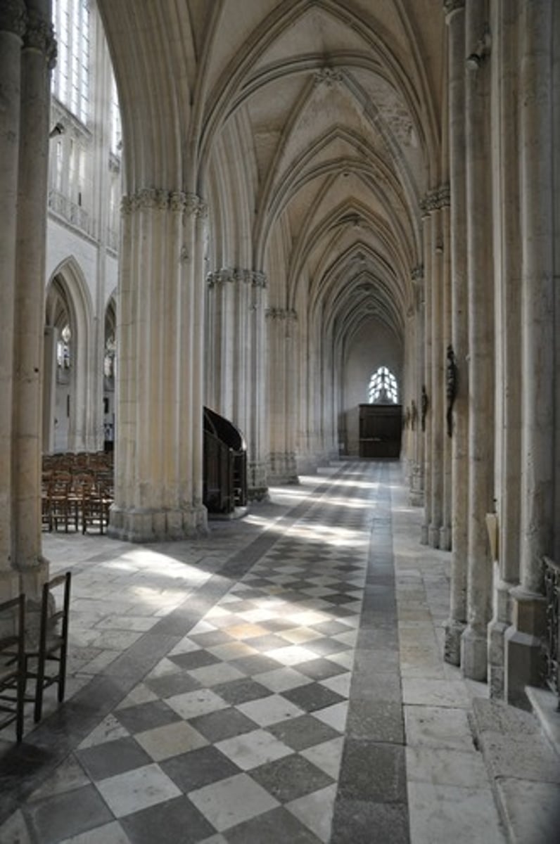 <p>a passageway on the side of the nave (the central area of a church) separated by a row of pillars or columns. These side aisles are lower than the nave, which allows light to enter through the clerestory windows and illuminate the central space. The term "aisle" comes from the Latin word for "wing," and in addition to providing circulation and additional seating areas, side aisles in Gothic churches became a functional and visual component, allowing for greater height and light in the nave</p>