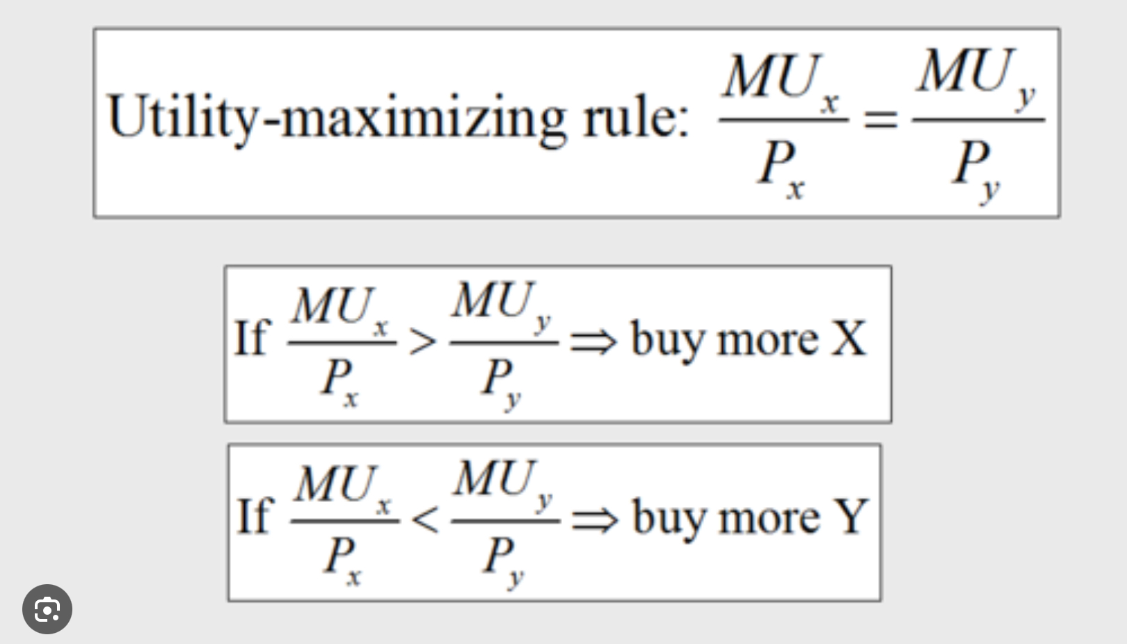 <p>A consumer maximize utility when the marginal utility per dollar spent for all items is equal given budget constraints. If the marginal utility per dollar is not equal consumers will want to begin by buying the product with the highest marginal utility per dollar and spending less on the product with a lower marginal utility per dollar. </p>