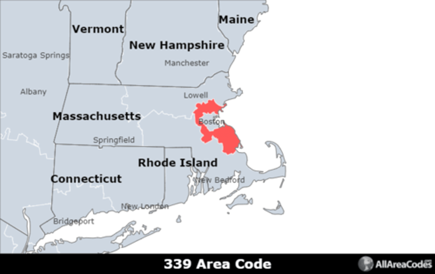 <p>Area code 339 serves the area surrounding Boston, MA. It includes the cities of Lynn, Waltham, Malden, Medford, and Weymouth Town. It is an overlay for area code 781 and serves the same area.</p>