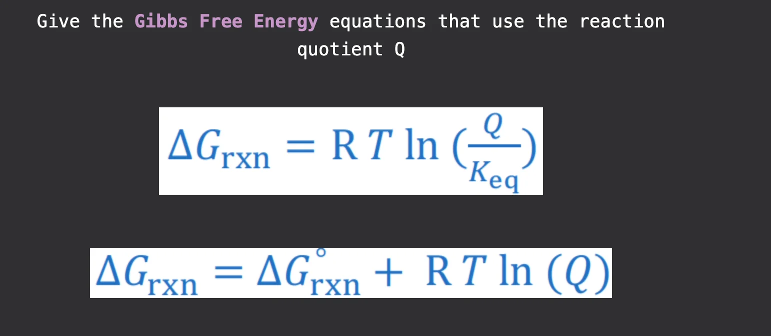 <p>Q &lt; Keq = Reaction is spontaneous in forward direction</p><p>Q &gt; Keq = Reaction is spontaneous in reverse direction</p>