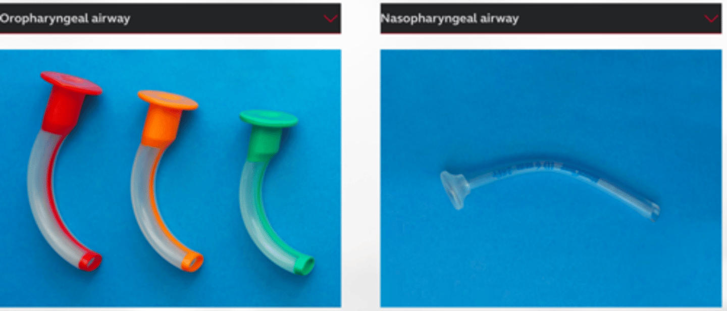 <p>--tools to keep the airway open</p><p>--two types: Oral airway and Nasal Airway</p>