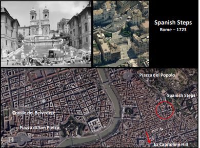 <ul><li><p><span>Piazza on a slope (atypical)</span></p></li><li><p><span>Connects pizza del popolo to a pilgrimage church and then creates a new axis to another church</span></p><ul><li><p><span>Acts as a node</span></p></li></ul></li><li><p><span>Obelisk at the top</span></p></li><li><p><span>Landscape theater</span></p><ul><li><p><span>Place for people to gather and watch other people and activities</span></p></li></ul></li></ul>