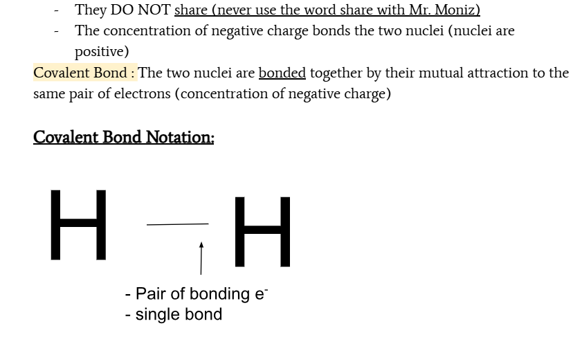 <ul><li><p>two nonmetal atoms collide so that the nuclei are closer than two times the radius</p></li><li><p>the electron pair is drawn to the internuclear distance where they can create a concentration of charge</p></li><li><p>side ways repulsion increased </p></li><li><p>mutual attraction to same pair of electron bonds atoms together</p></li><li><p>creates a covalent bond</p></li></ul><p></p>