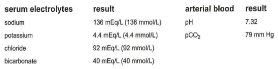 <p>242.) These results are most compatible with: </p><p>A. respiratory alkalosis </p><p>B. respiratory acidosis </p><p>C. metabolic alkalosis </p><p>D. metabolic acidosis</p>