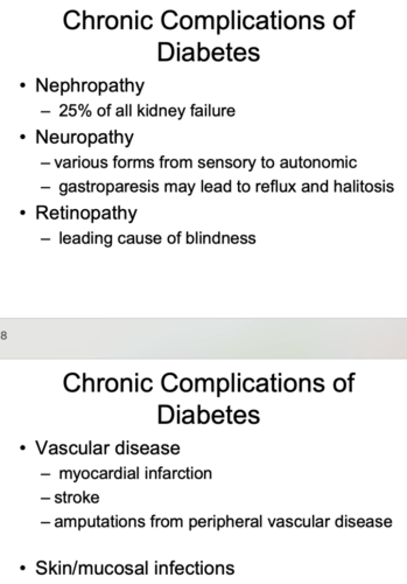 <p>- Nephropathy</p><p>- Neuropathy</p><p>- Retinopathy</p><p>- Vascular disease</p><p>- Skin/mucosal infections</p>