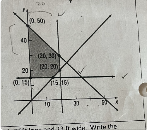 <p>Inequalities</p><ul><li><p>How do you know how to shade an inequality?</p></li></ul><p>ex.) x²+y²&gt;9 and x+y &lt;3</p><p>ex.) write a system of inequalities for the pic</p>