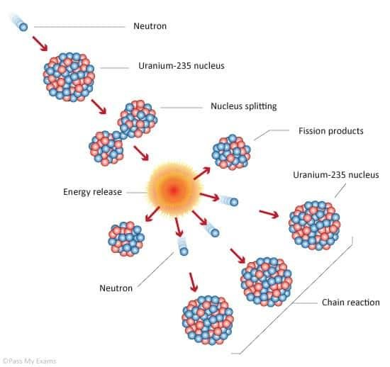 <p>1. a slow moving neutron is absorbed by an unstable nucleus</p><p>2. this makes it even more unstable, causing it to split into 2 daughter nuclei</p><p>3. during this split, some more neutrons are released as well as energy (mainly kinetic energy but also gamma radiation)</p><p>4. the neutrons that were released repeat this process to make the chain reaction</p>