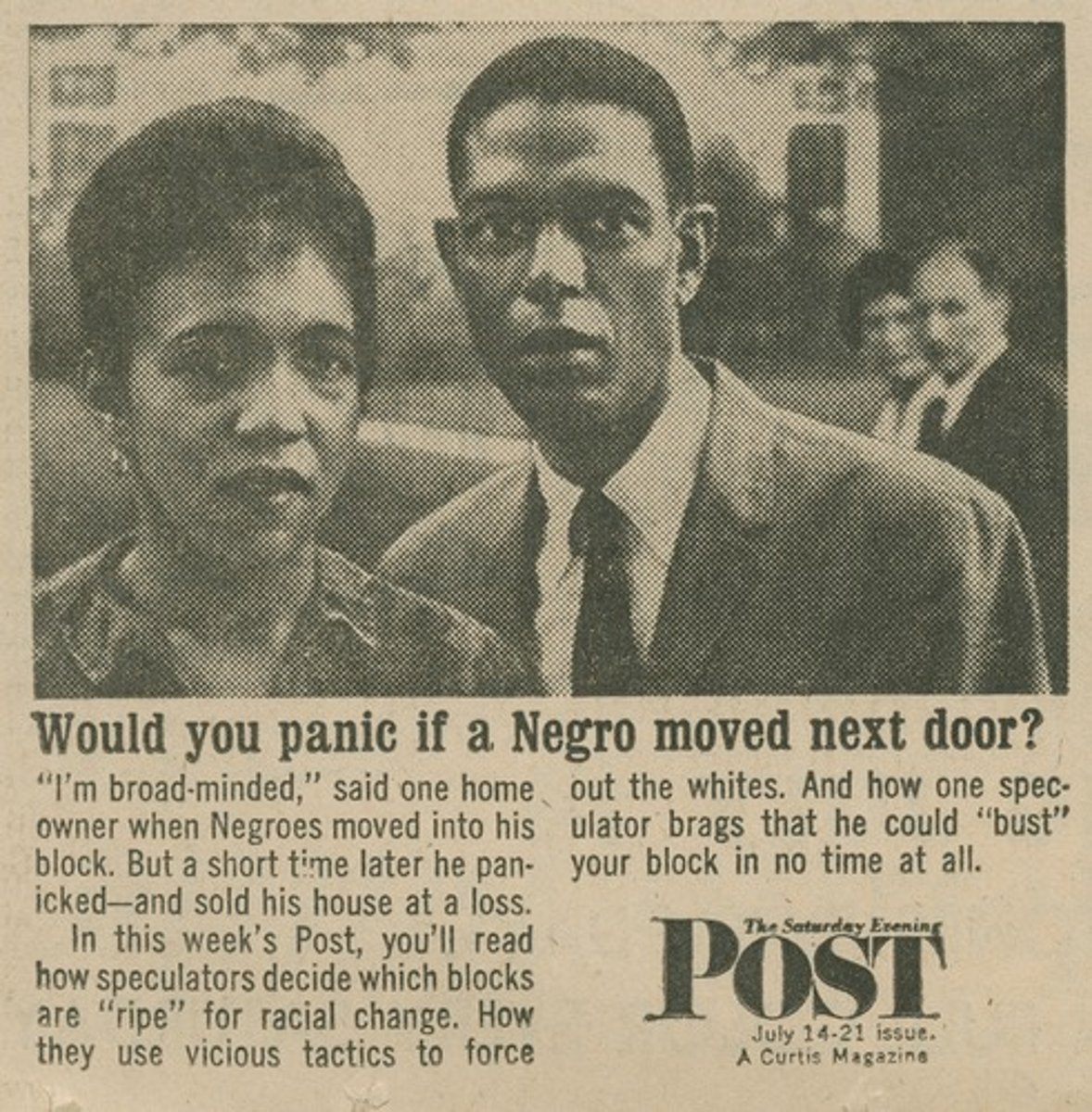 <p>A practice in which realtors persuade white homeowners in a neighborhood to sell their homes by convincing them that the neighborhood is declining due to black families moving in.</p>