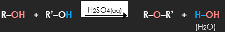 <p>condensation rxn - alcohol + alcohol →(H<sub>2</sub>SO<sub>4(aq)</sub>catalyst) ether + water</p>