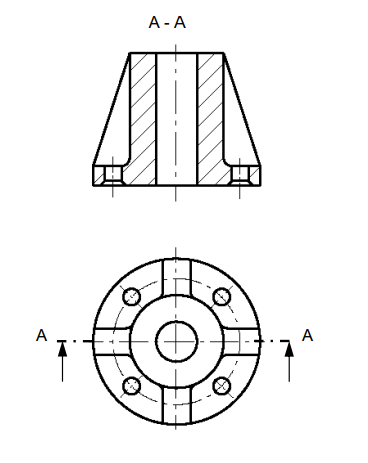 <p>Bores of rotation-symmetrical parts can be rotated around the axis of symmetry of the part in the section plane without addtional specifications</p>