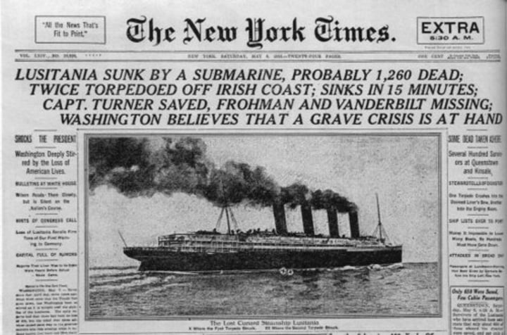 <p>Sunk by German U-Boats (Submarines) in 195. Killing 1,198 people, including 128 Americans. Germany must apologize and stop targeting peaceful ships for America to stay nuetral.</p>