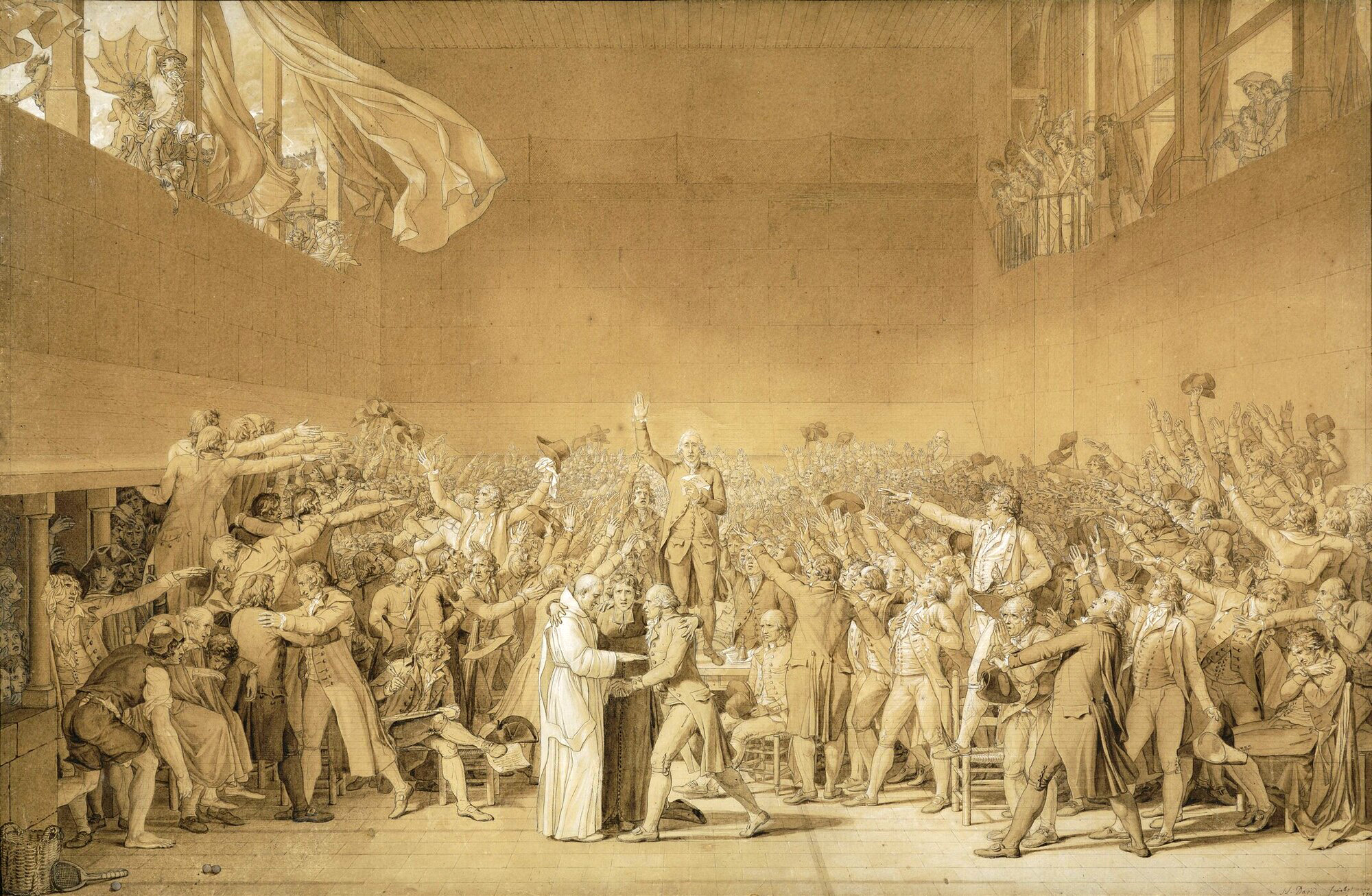 <p><strong>Jacques-Louis David</strong></p><p><em>Il giuramento della Pallacorda</em> (1791-92; <span><span>Museo della reggia di Versailles, Versailles)</span></span></p>