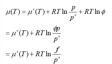 <p>φ = fugacity → its an effective pressure, correcting for non ideality </p><ul><li><p>deviation between chemical potential of ideal gases and real gases is due to attractive Van Der Waal interactions </p></li></ul><p></p>
