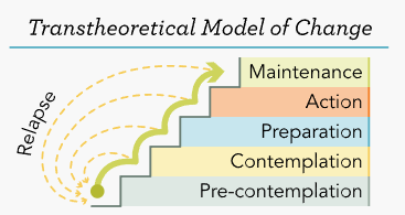 <p><span>integrative, biopsychosocial model to conceptualize the process of intentional behavior change.</span></p><ol><li><p><span>precontemplation,</span></p></li><li><p><span> contemplation, </span></p></li><li><p><span>preparation,</span></p></li><li><p><span> action, and </span></p></li><li><p><span>maintenance</span></p></li></ol><p></p><p></p>