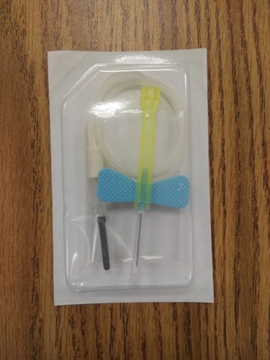 <p>A small needle attached to flexible tubing, used to collect blood (venipuncture).</p>