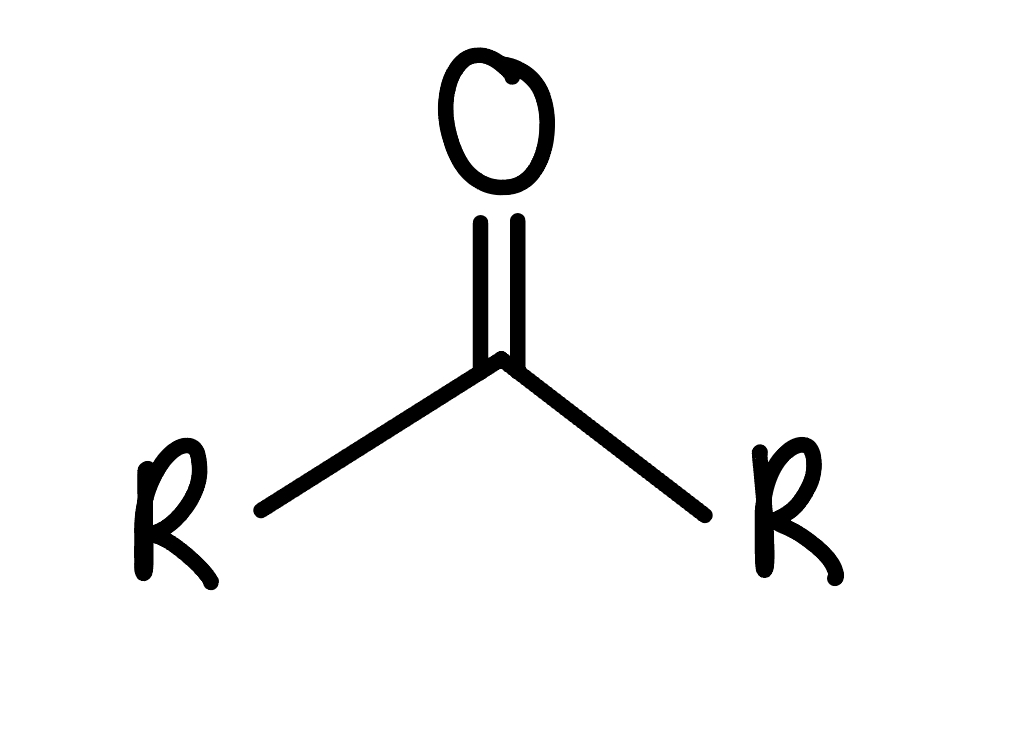 <p>carbonyl (C double to O) with two r groups attached to carbonyl’s C, r group CANNOT be H </p>