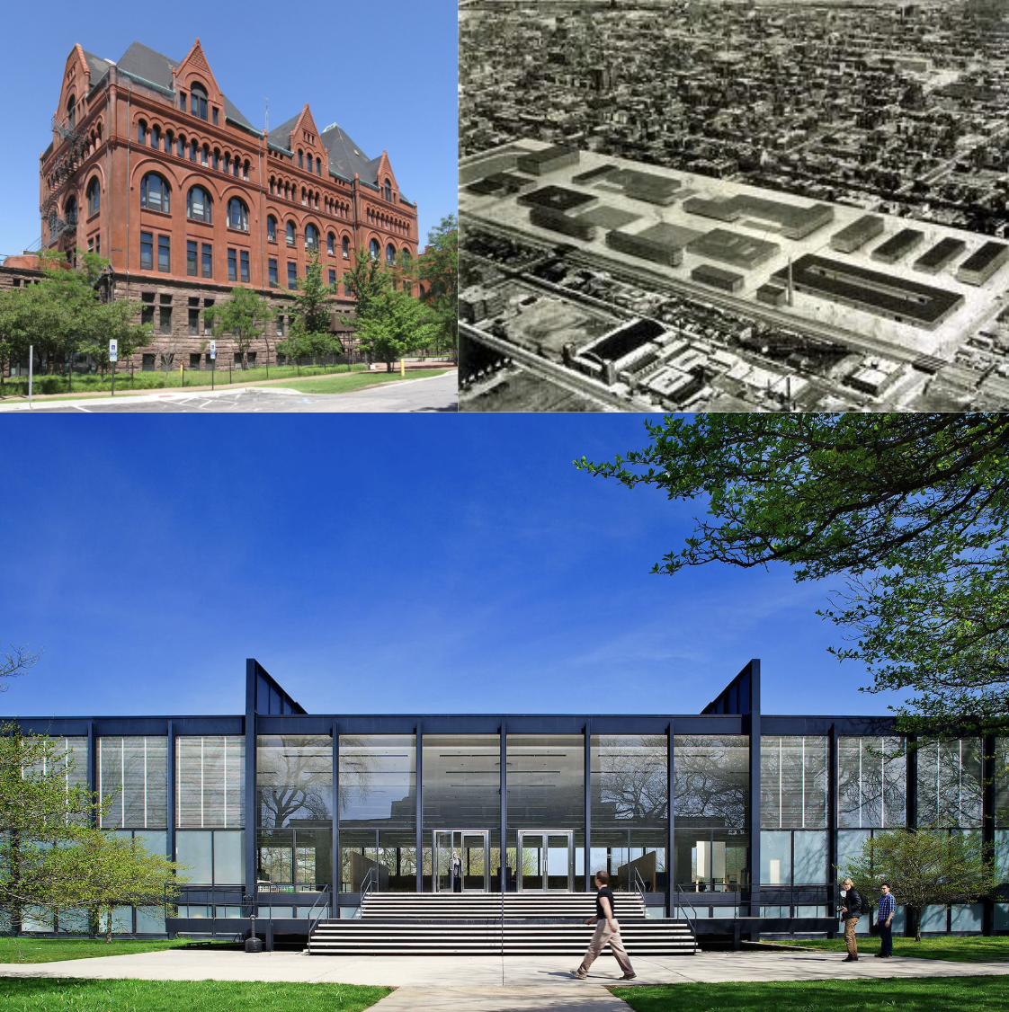 <ul><li><p>struggles to find form</p></li><li><p>grid, placed asymmetrically</p><ul><li><p>metal, glass, brick</p></li></ul></li><li><p>crown hall (arch. building)</p><ul><li><p>infill with glass, 1 big volume with partitions, specialized spaces in basement</p></li></ul></li></ul><p></p>