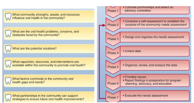 <p>1st step Community Oral Health Assessment </p><ul><li><p>aims, goals</p></li><li><p>available resources</p></li><li><p>expertise in community</p></li><li><p>multifaceted, community oriented and directed</p></li><li><p>considers gaps, needs, problems, resources, solutions, partnerships </p></li></ul><p>Asset-oriented</p><p>Deficiency based-focus on problems without looking at assets</p><p>Questions</p><p>Phases of community needs assessment process </p>