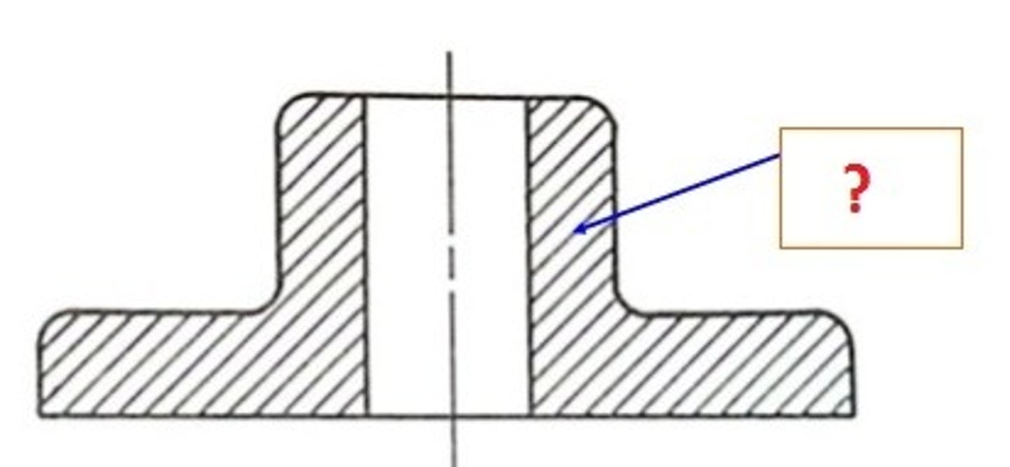 <p>The patterned shading (hatching) used to indicate the surfaces of the object that have been cut by the cutting plane.</p>