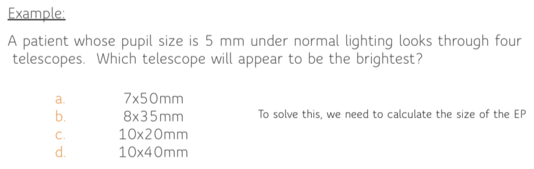 <p>first step = divide each by one another</p><p>second step = figure out largest mm so that would be the brighest</p>