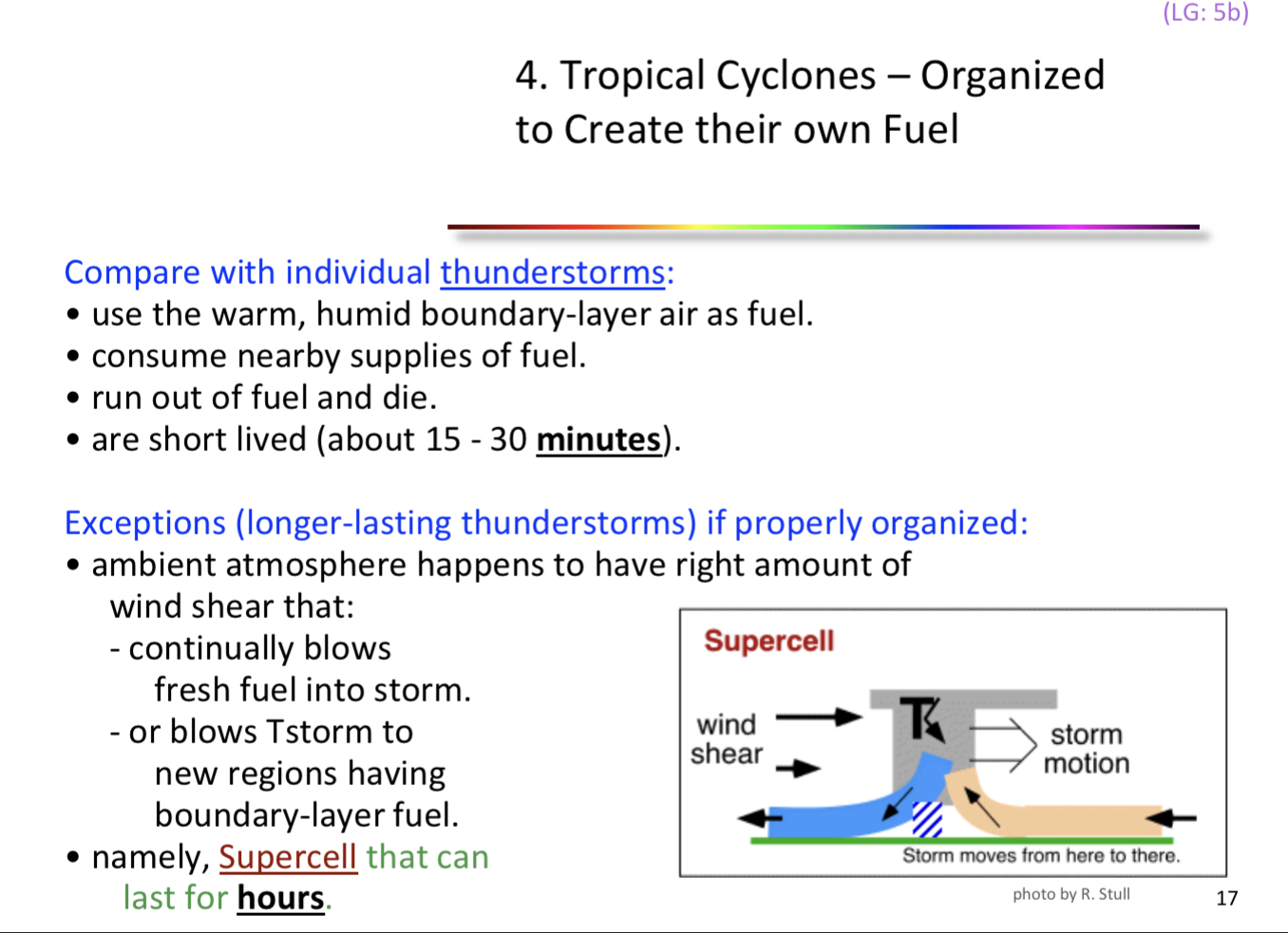 <p>ambient atmosphere that has the right amount of</p><ul><li><p>wind shear that </p><ul><li><p>continually blows fresh fuel into storm</p></li><li><p>or blows t storm to new regions (boundary layer fuel)</p></li></ul></li></ul>