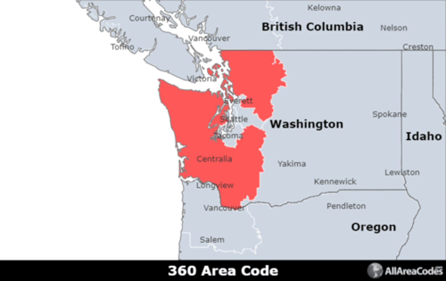 <p>Area code 360 serves western Washington except Seattle and Tacoma. It includes the cities of Vancouver, Bellingham, and Olympia. It has a single overlay (564) that serves the same area.</p>