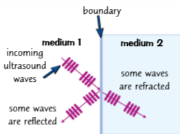 <ul><li><p>When a wave passes from one medium into another, some of the wave is reflected off the boundary between the two media, and some is transmitted (and refracted). This is partial reflection.</p></li><li><p>What this means is that you can point a pulse of ultrasound at an object, and wherever there are boundaries between One substance and another, some of the ultrasound gets reflected back.</p></li><li><p>The time it takes for the reflections to reach a detector can be used to measure how far away the boundary is.</p></li></ul><p></p>